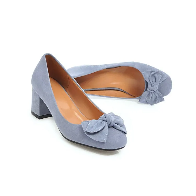 Women cute bowknot square toe slip on chunky heels