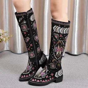 Women fashion embroidered flower chunky heel mid calf boots