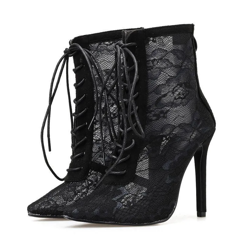 Women flower mesh sexy pointed toe lace up stiletto black boots