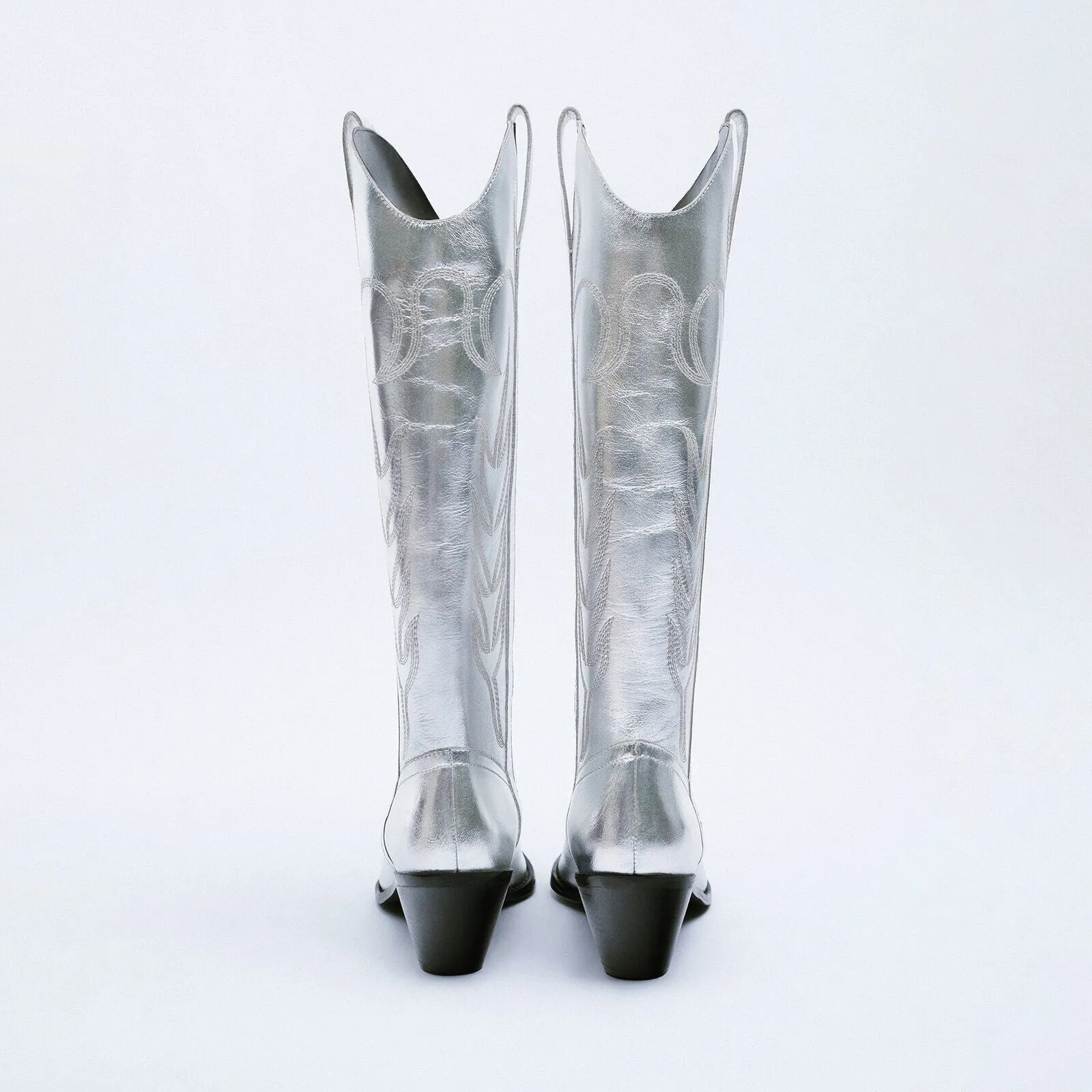 Women silver cowgirl boots | Embroided chunky heel knee high boots | Side zipper chelsea boots