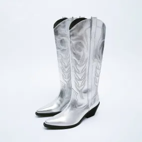Women silver cowgirl boots | Embroided chunky heel knee high boots | Side zipper chelsea boots