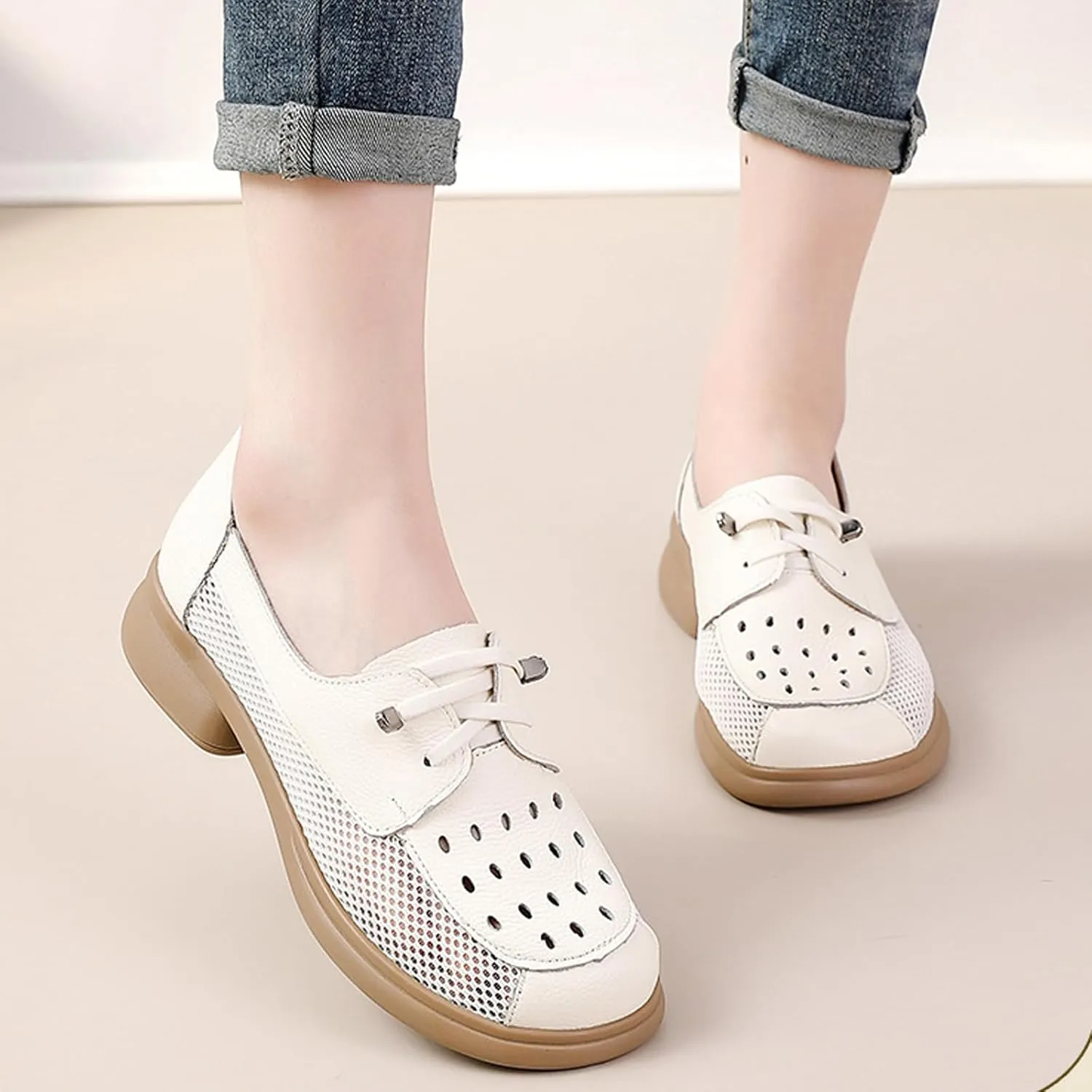Women's Leather Hollow Chunky Heel Lace-Up Loafers Comfortable Round Toe Mesh Breathable Comfortable Non-Slip Walking Shoes