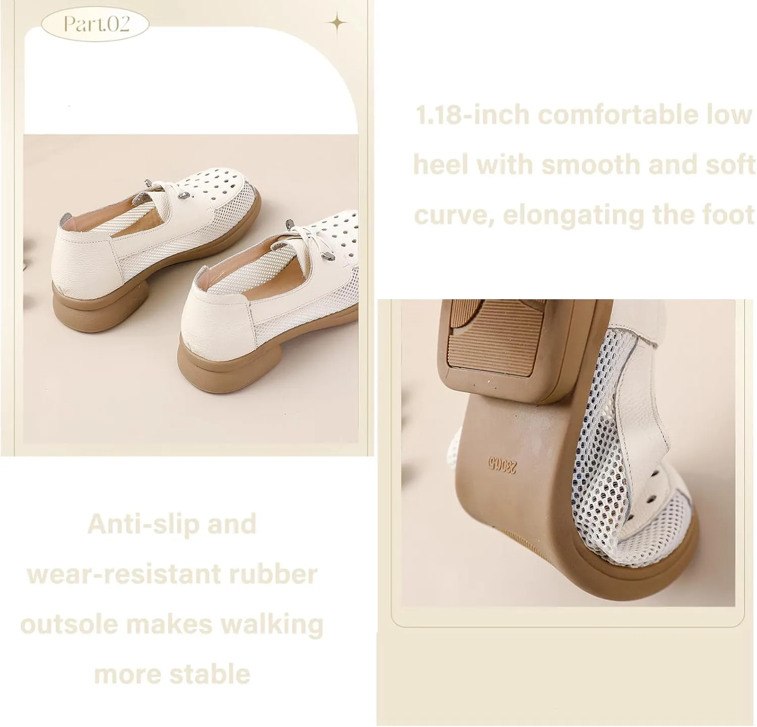 Women's Leather Hollow Chunky Heel Lace-Up Loafers Comfortable Round Toe Mesh Breathable Comfortable Non-Slip Walking Shoes