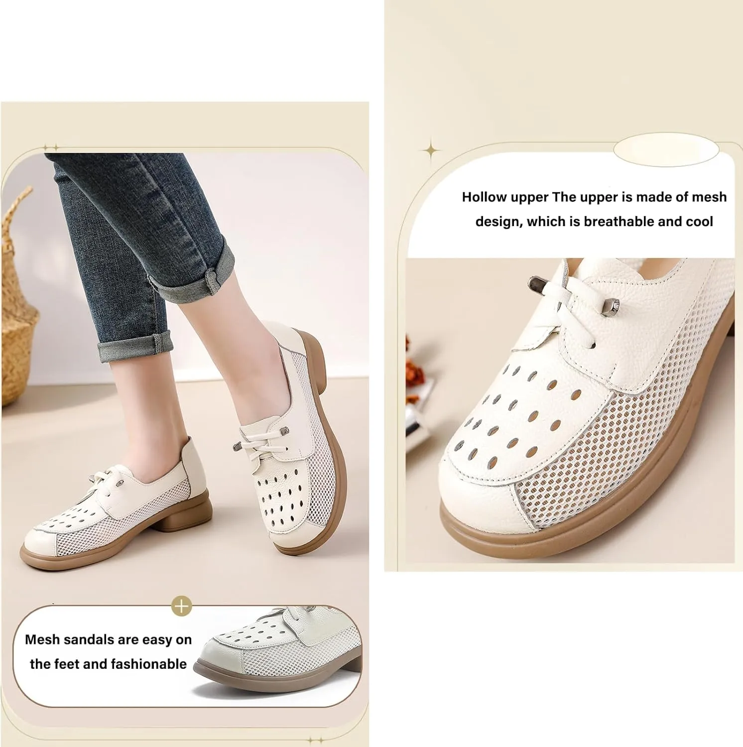 Women's Leather Hollow Chunky Heel Lace-Up Loafers Comfortable Round Toe Mesh Breathable Comfortable Non-Slip Walking Shoes