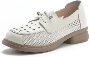 Women's Leather Hollow Chunky Heel Lace-Up Loafers Comfortable Round Toe Mesh Breathable Comfortable Non-Slip Walking Shoes