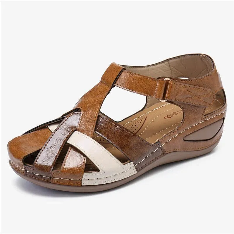 Women's vintage closed toe hollow magic tape sandals