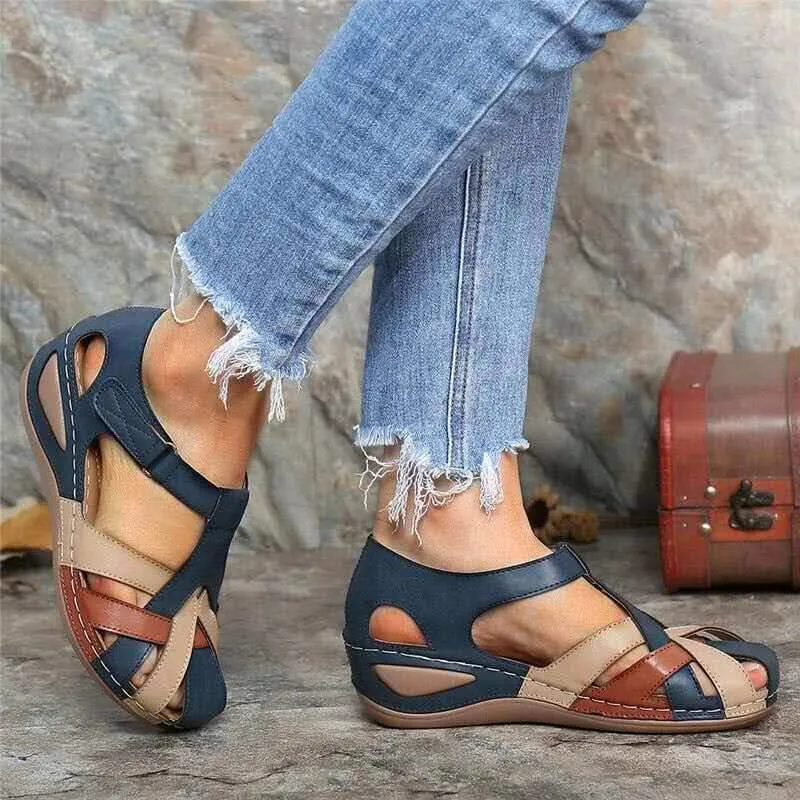 Women's vintage closed toe hollow magic tape sandals