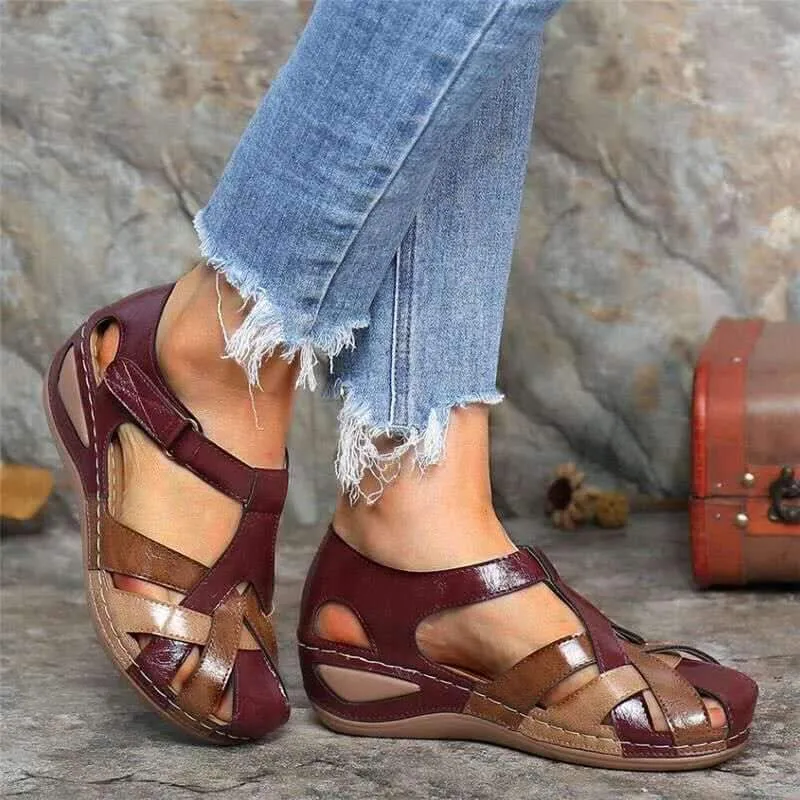 Women's vintage closed toe hollow magic tape sandals