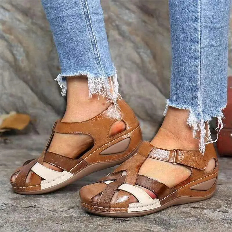 Women's vintage closed toe hollow magic tape sandals