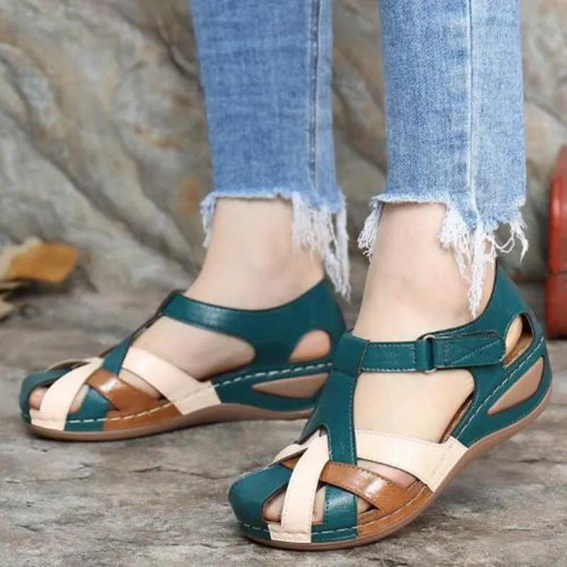 Women's vintage closed toe hollow magic tape sandals