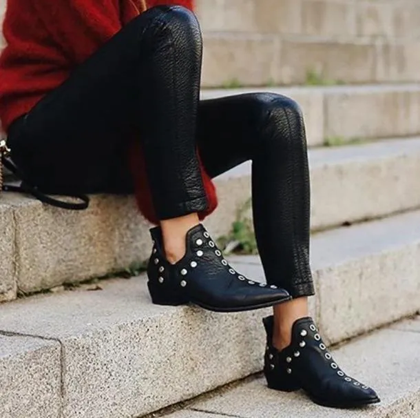 Women's vintage studded side slit ankle boots fashion pointed toe short boots