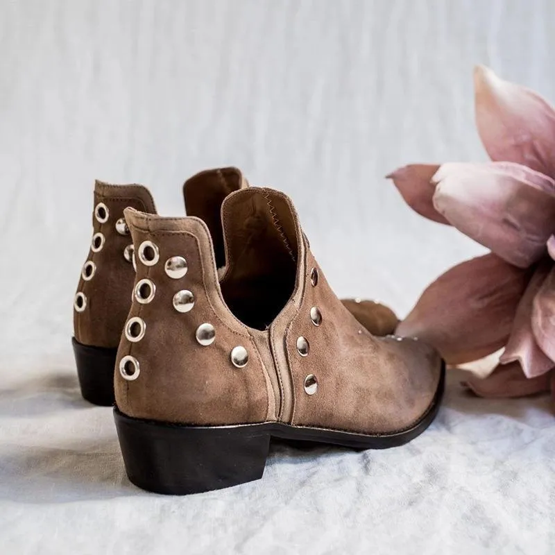Women's vintage studded side slit ankle boots fashion pointed toe short boots